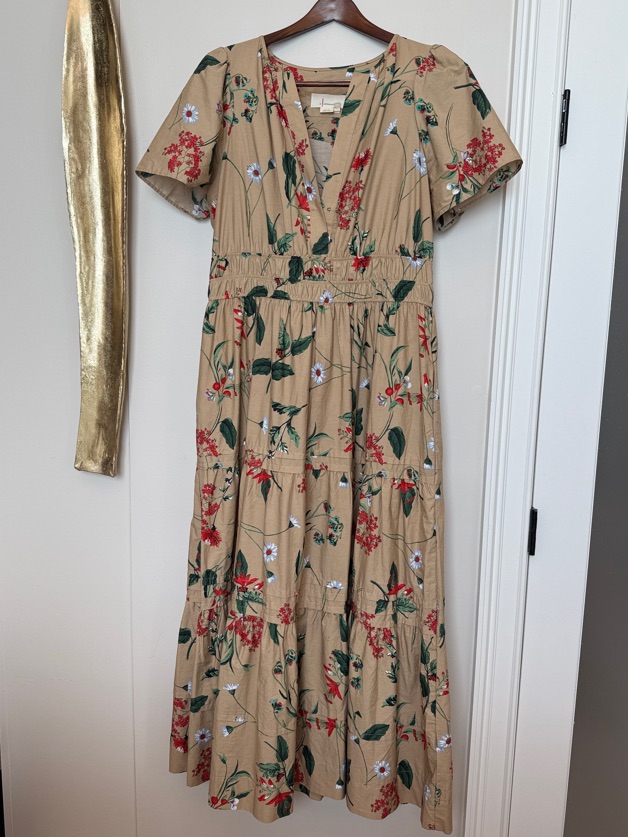 Anthropologie Tan Maxi Dress With Red & Green Floral Print